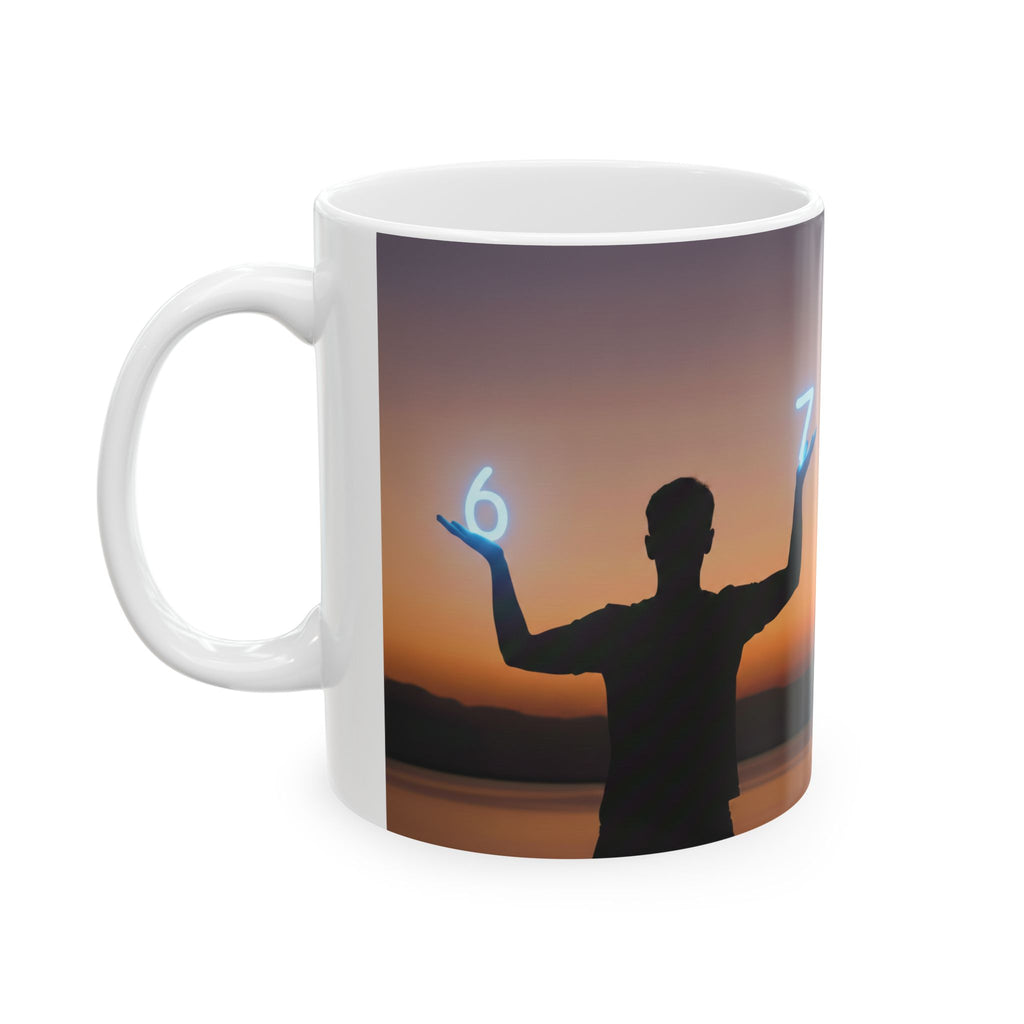 Sunset Silhouette Mug — Person Holding Glowing Numbers 6 & 7, Inspirational Ceramic Coffee Cup (11oz & 15oz)
