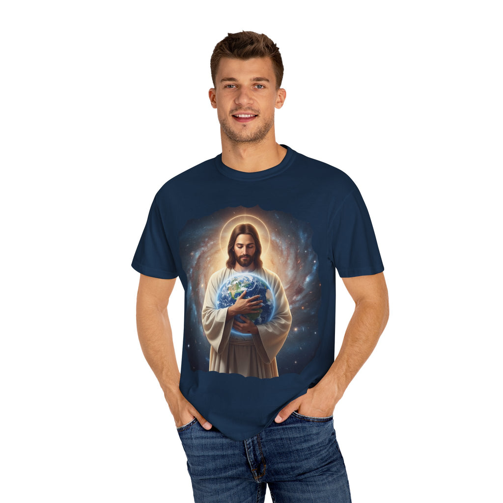 Spiritual Earth Care T-Shirt - Unisex Garment-Dyed Tee Featuring Jesus with Earth Design