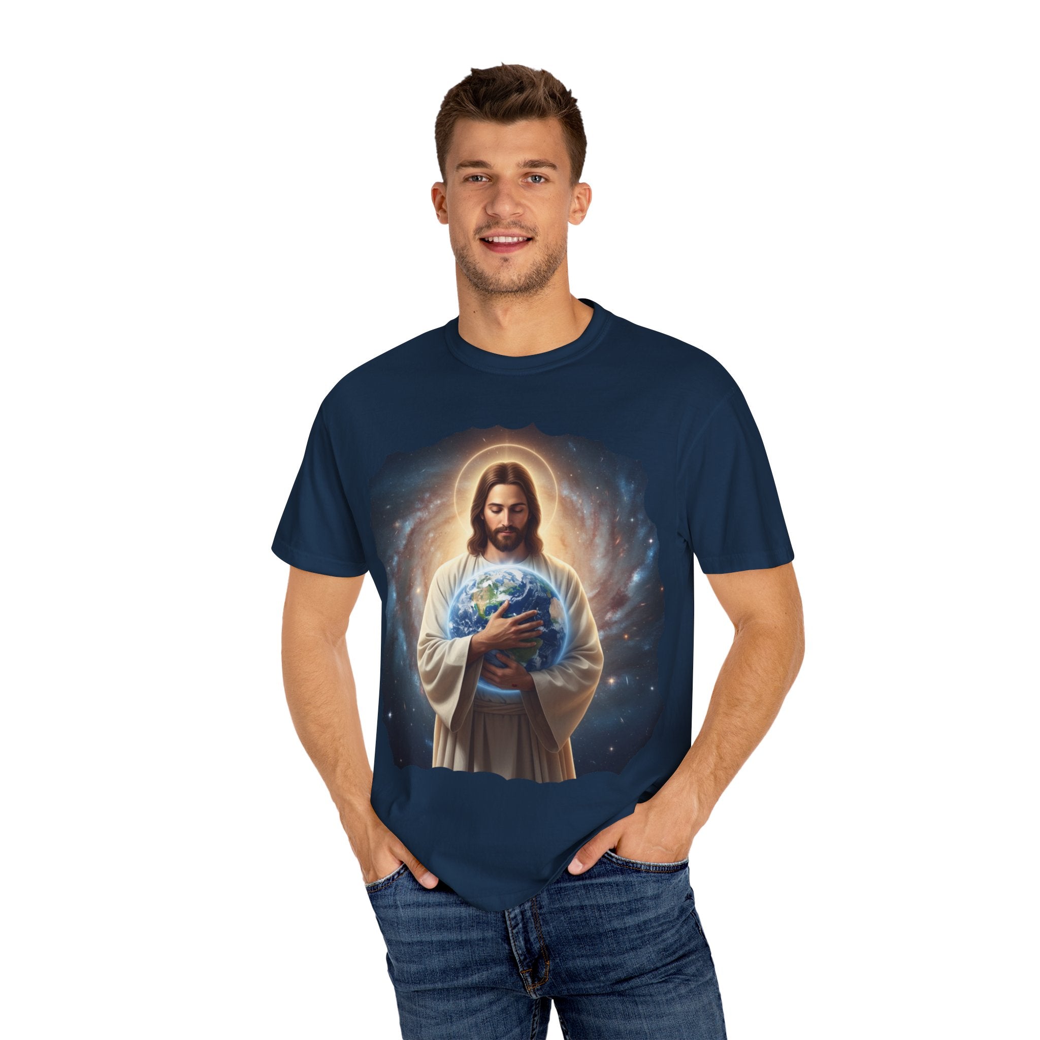 Spiritual Earth Care T-Shirt - Unisex Garment-Dyed Tee Featuring Jesus with Earth Design
