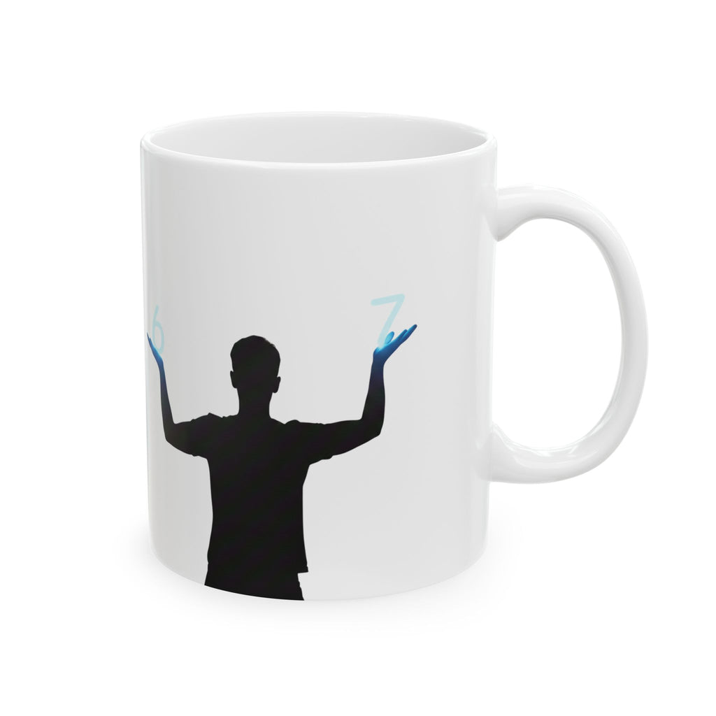 Sunset Silhouette Mug — Person Holding Glowing Numbers 6 & 7, Inspirational Ceramic Coffee Cup (11oz & 15oz)