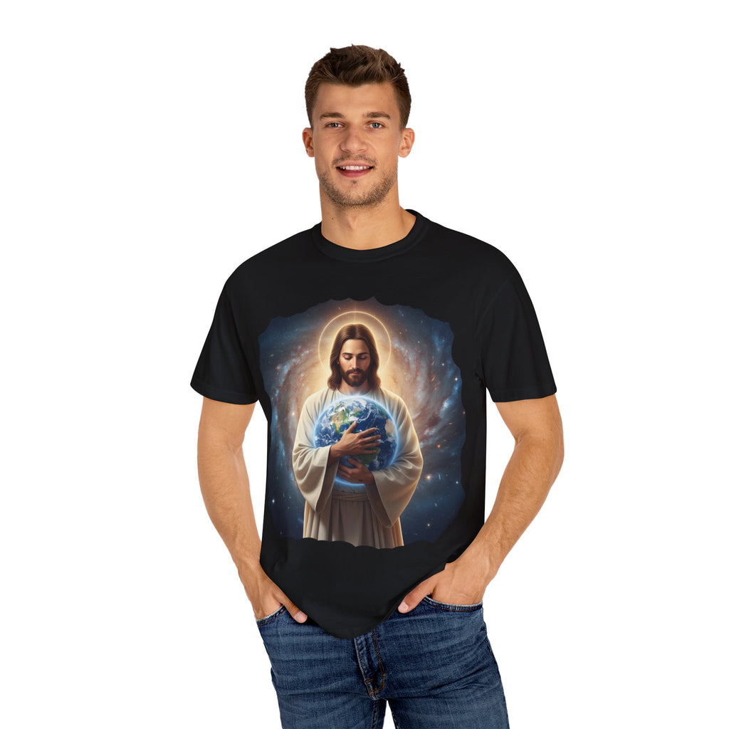 Spiritual Earth Care T-Shirt - Unisex Garment-Dyed Tee Featuring Jesus with Earth Design