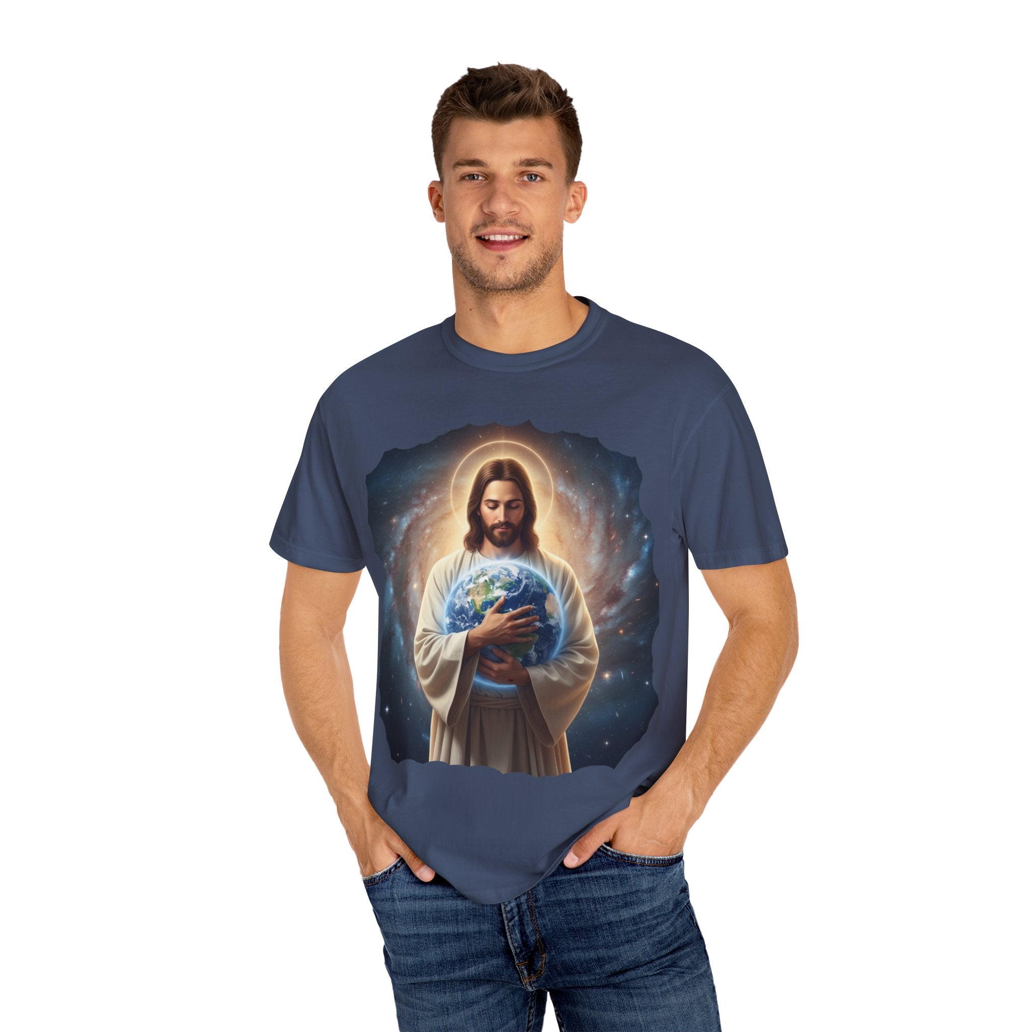 Spiritual Earth Care T-Shirt - Unisex Garment-Dyed Tee Featuring Jesus with Earth Design