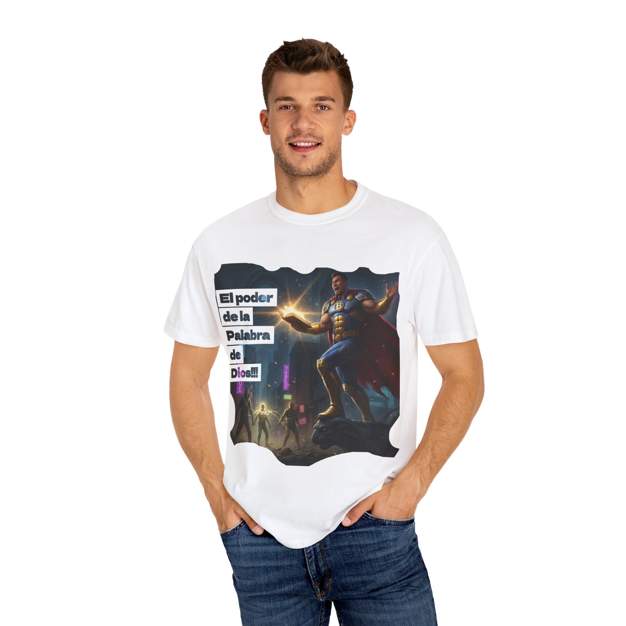 Power of God Unisex T-Shirt - Garment-Dyed Superhero Design (Spanish text)