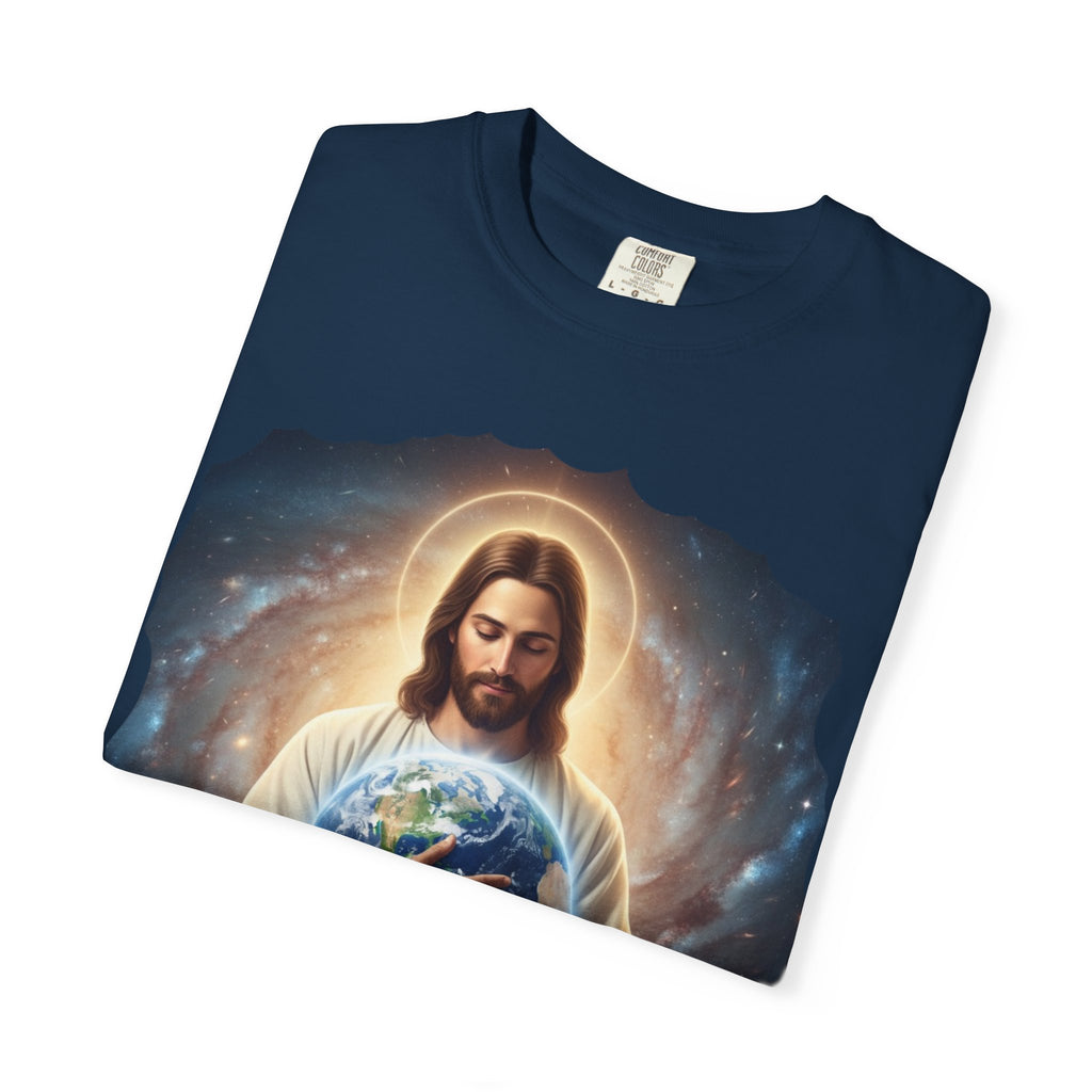 Spiritual Earth Care T-Shirt - Unisex Garment-Dyed Tee Featuring Jesus with Earth Design