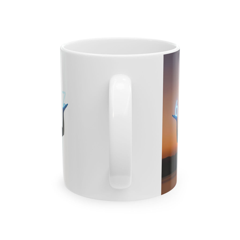 Sunset Silhouette Mug — Person Holding Glowing Numbers 6 & 7, Inspirational Ceramic Coffee Cup (11oz & 15oz)
