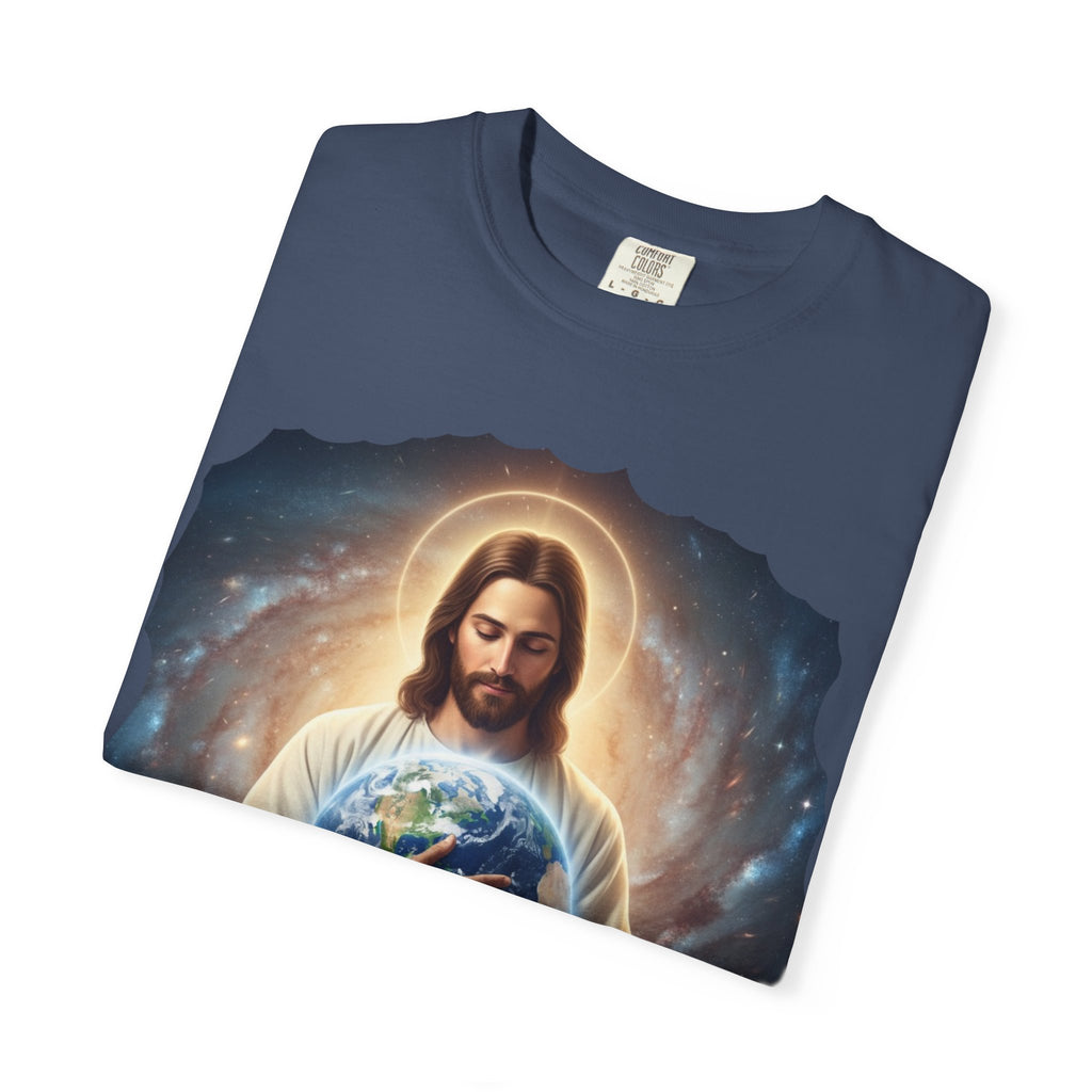Spiritual Earth Care T-Shirt - Unisex Garment-Dyed Tee Featuring Jesus with Earth Design